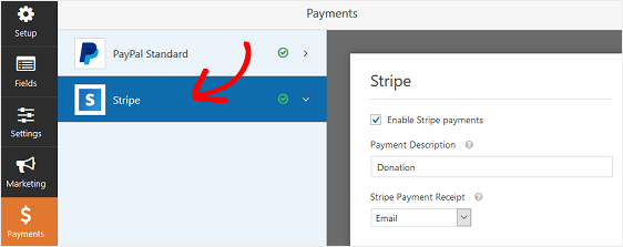 WPForms: impostazioni per il pagamento tramite Stripe